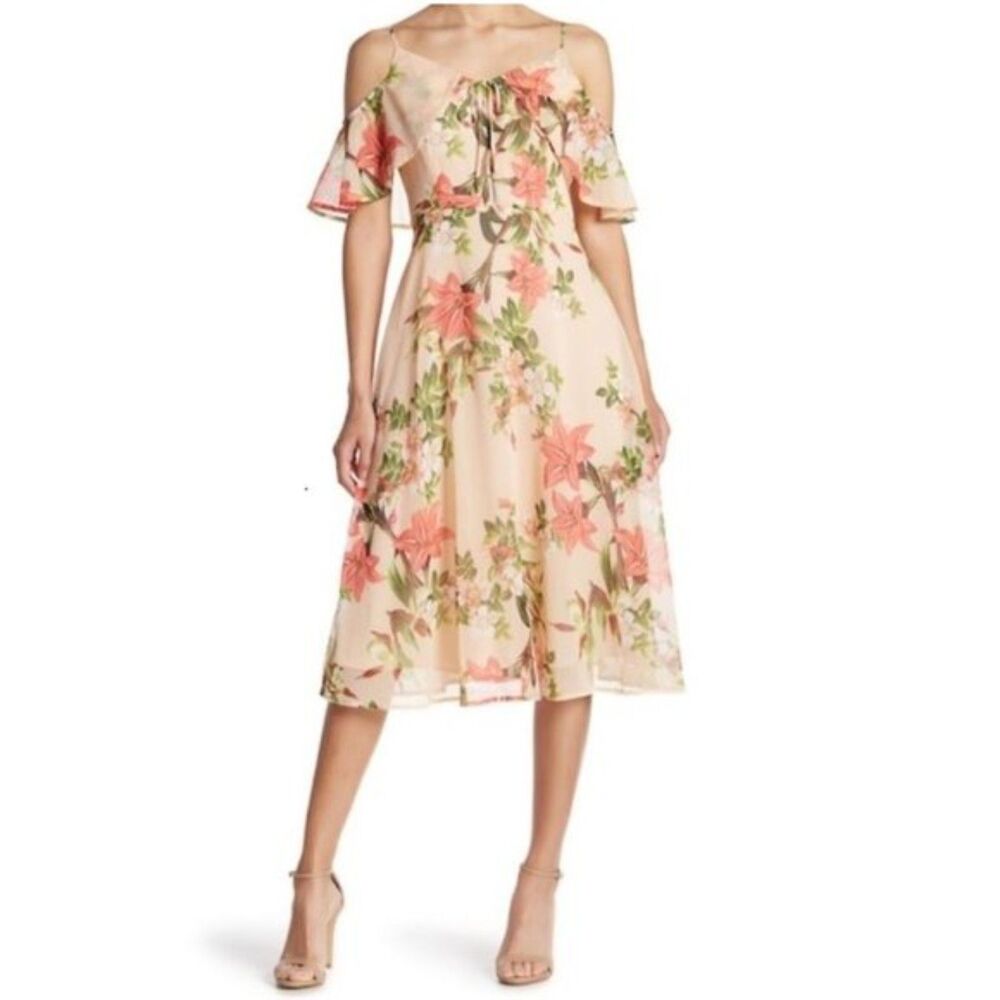 CeCe Cold-Shoulder Floral Dress Peach Pink with Vibrant Floral Pattern Womens 10